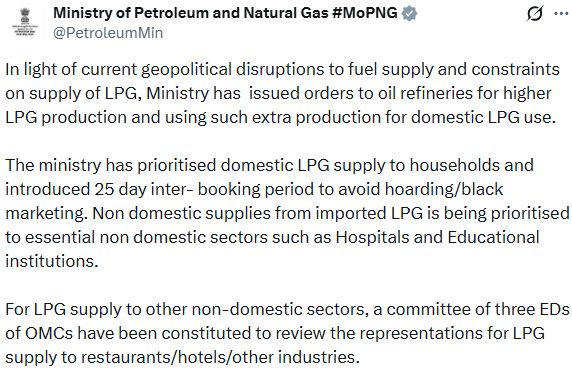 India’s Petroleum Ministry Prioritises Domestic LPG Supply To Households Nationwide