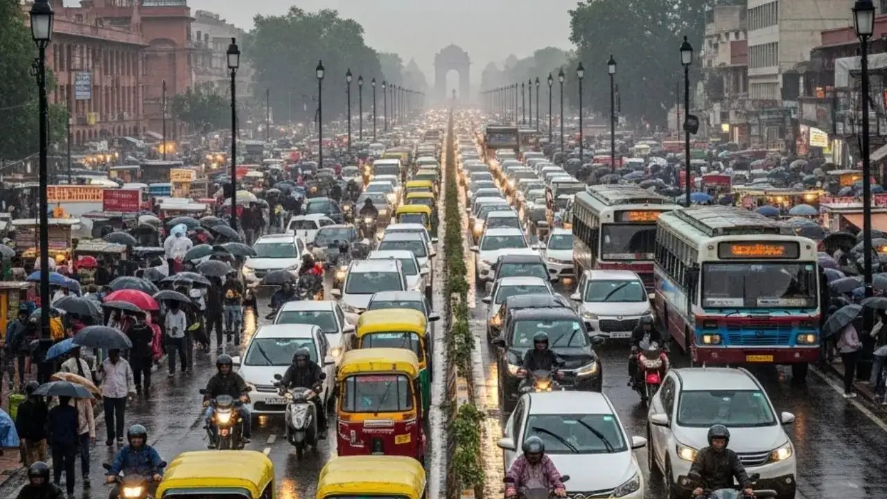 Capital Gridlock: Heavy Rain Paralyzes Delhi’s Roads, Commuters Face Hours-Long Delays